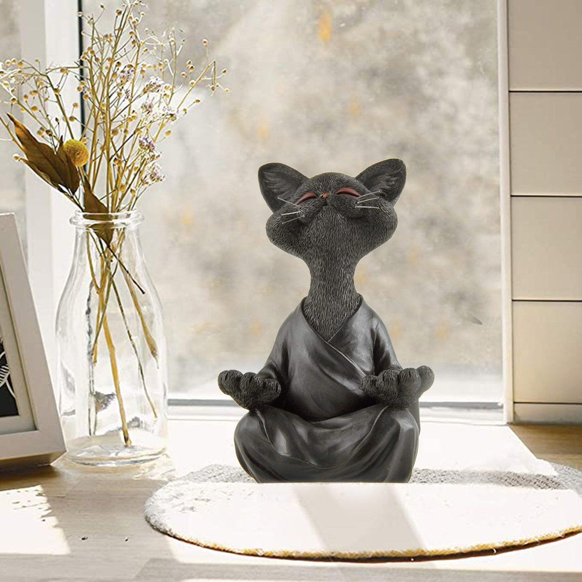 Siopsrl| Playful Black Buddha Cat Figure Meditation Yoga Collectible Happy Cat Decor Home Garden Decoration Garden Ornament