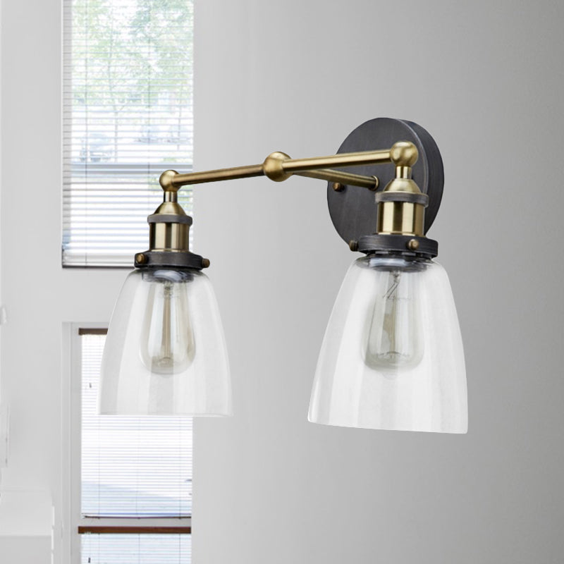 Siopsrl| 2 Light Tapered Sconce Lighting Fixture Industrial Antique Brass Clear Glass Wall Lamp