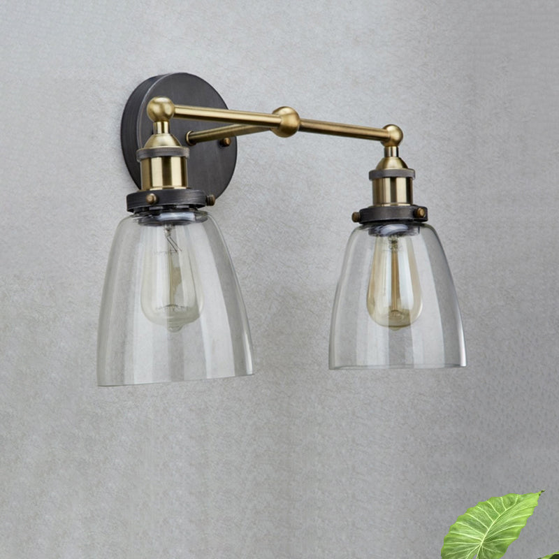 Siopsrl| 2 Light Tapered Sconce Lighting Fixture Industrial Antique Brass Clear Glass Wall Lamp