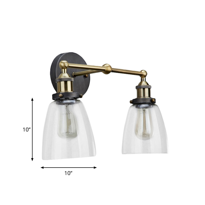 Siopsrl| 2 Light Tapered Sconce Lighting Fixture Industrial Antique Brass Clear Glass Wall Lamp
