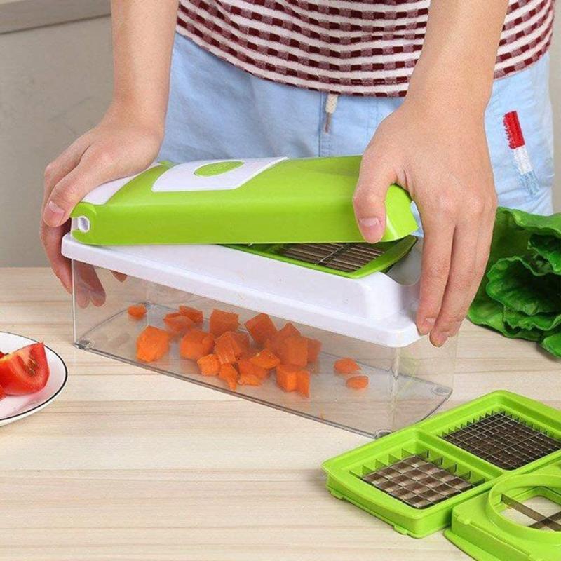 Siopsrl| CutMate Multifunctional Vegetable Cutter 12-in-1 | With Collection Container & Finger Guard | Stainless Steel Blades | Compact & Safe