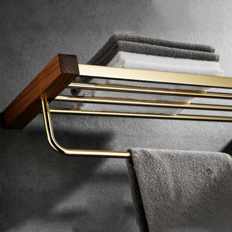 Siopsrl| Polished Brass Bathroom Hardware Set Metal & Wood Bathroom Set with Bath Shelf/Towel Bar