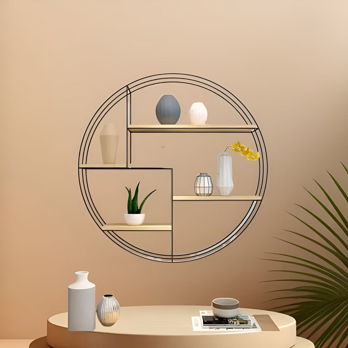 Round Wall Shelf with 4 Levels – Retro Design made of Wood & Metal | Decorative Hanging Shelf for Living Room, Bathroom & Bedroom | Siopsrl