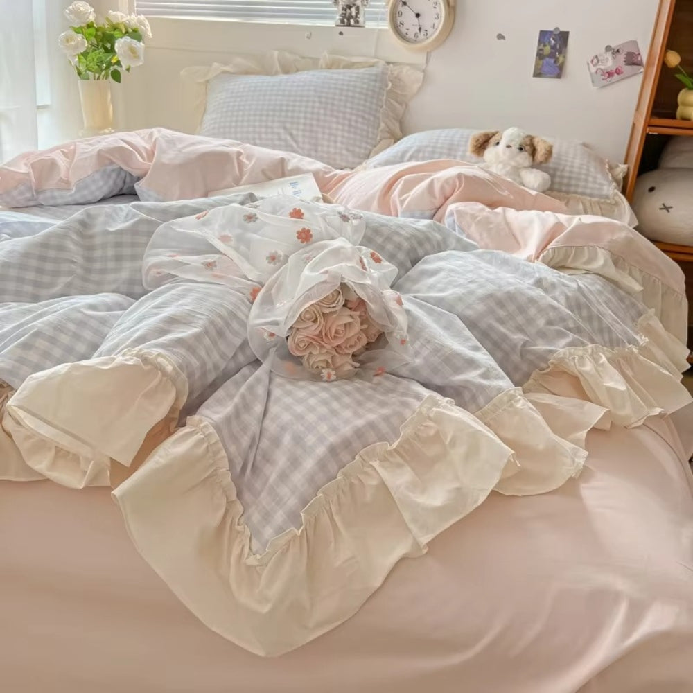 Siopsrl| Gingham Check Ruffled Edges Bedding Set
