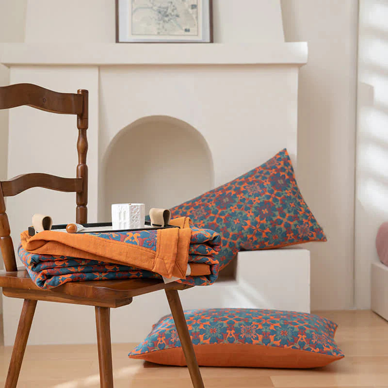 Siopsrl| Six-Layer Cotton Blanket with Orange-Blue Pattern