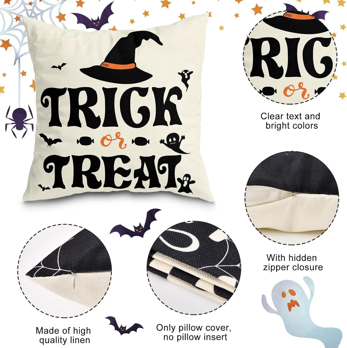 Set Of 4 Halloween Pillow Covers -  Spider Web, Cat, Skull Decorative Cushion Cases (45 x 45 CM) Siopsrl