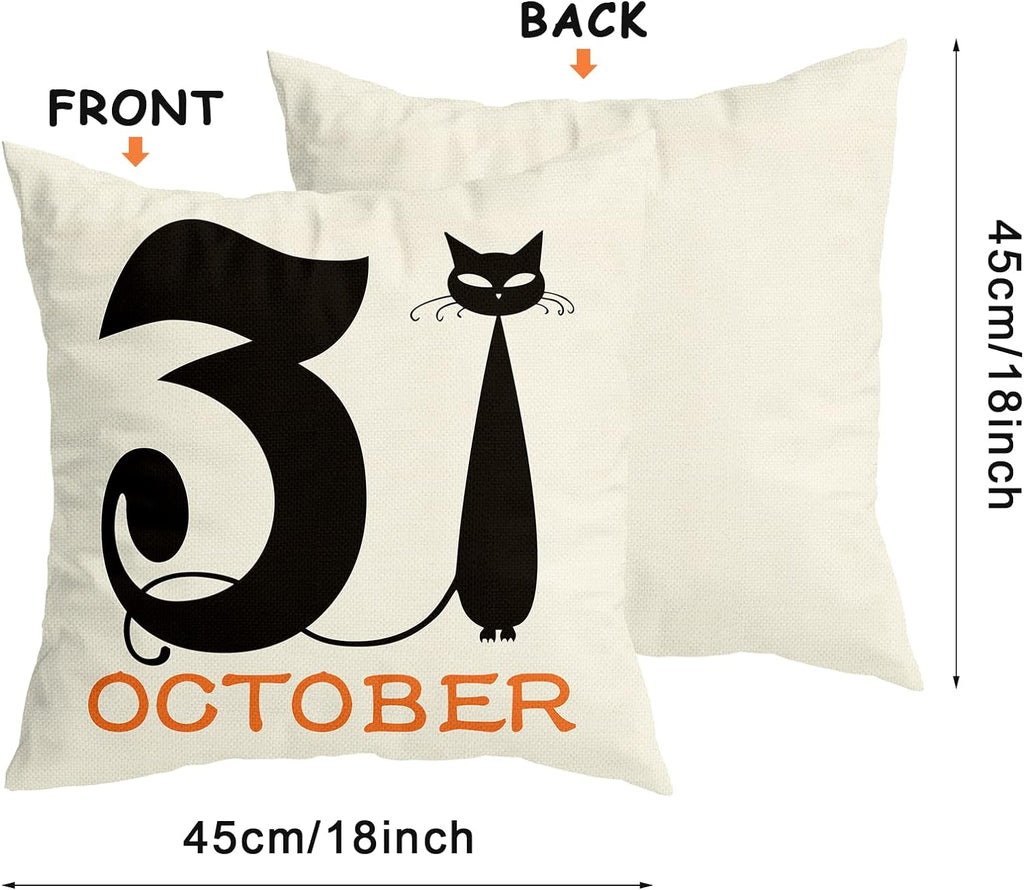 Set Of 4 Halloween Pillow Covers -  Spider Web, Cat, Skull Decorative Cushion Cases (45 x 45 CM) Siopsrl