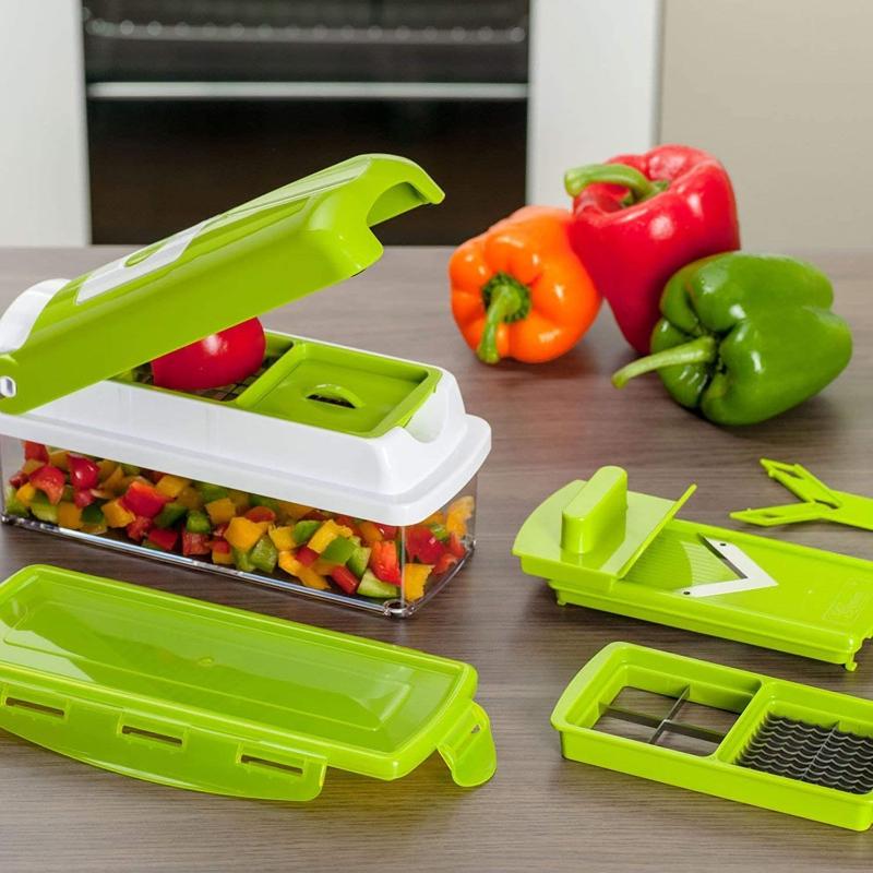 Siopsrl| CutMate Multifunctional Vegetable Cutter 12-in-1 | With Collection Container & Finger Guard | Stainless Steel Blades | Compact & Safe