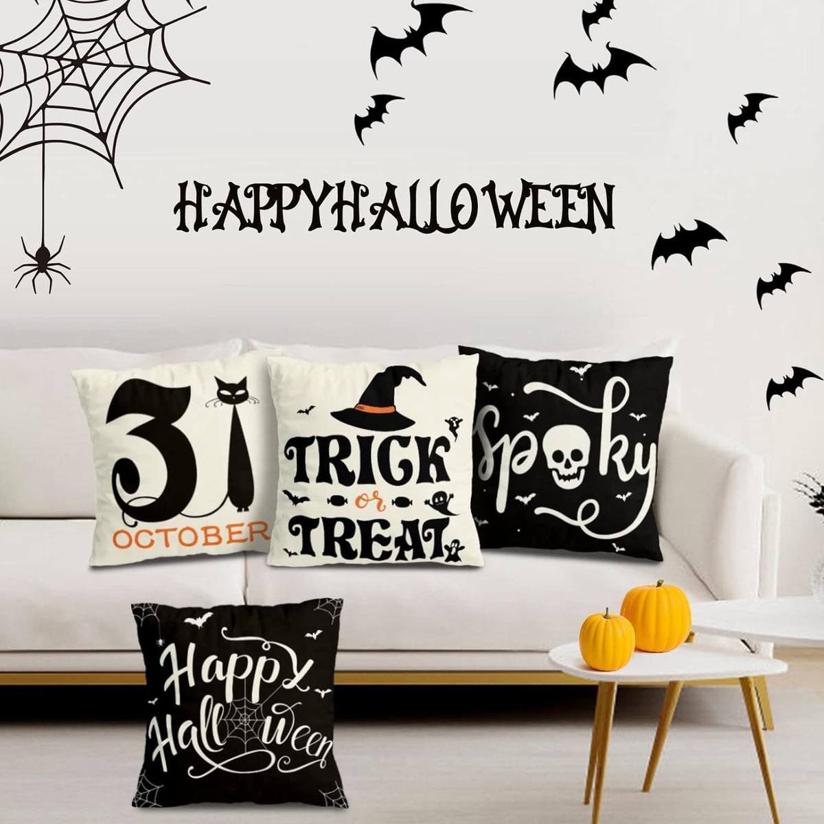 Set Of 4 Halloween Pillow Covers -  Spider Web, Cat, Skull Decorative Cushion Cases (45 x 45 CM) Siopsrl