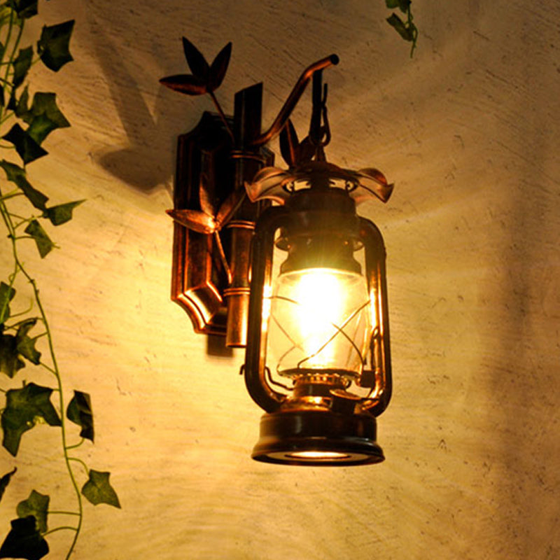 Siopsrl| Industrial Lantern Wall Lamp 1 Head Clear Glass Wall Plate Lighting Fixture in Bronze/Copper with Metal Bamboo Back Plate