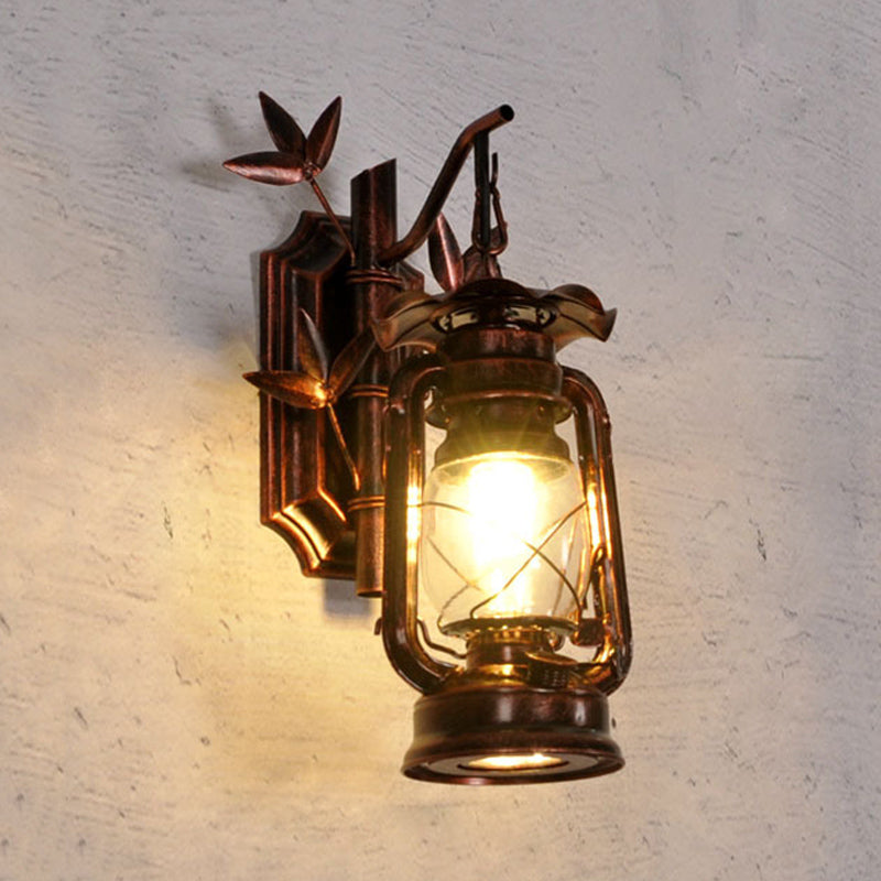Siopsrl| Industrial Lantern Wall Lamp 1 Head Clear Glass Wall Plate Lighting Fixture in Bronze/Copper with Metal Bamboo Back Plate