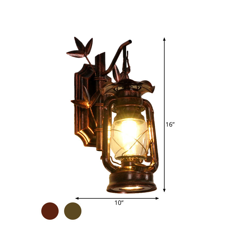 Siopsrl| Industrial Lantern Wall Lamp 1 Head Clear Glass Wall Plate Lighting Fixture in Bronze/Copper with Metal Bamboo Back Plate