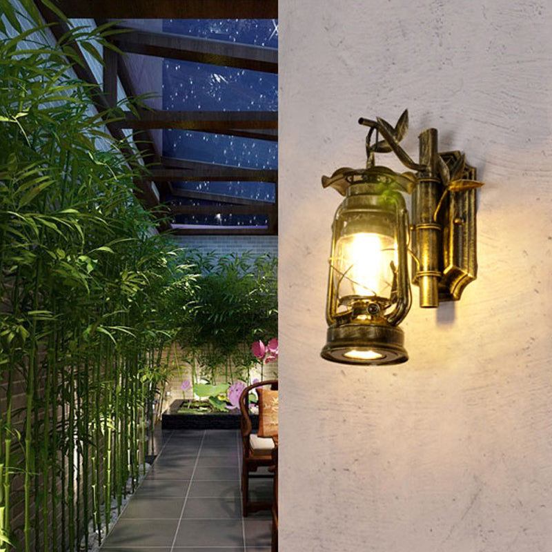 Siopsrl| Industrial Lantern Wall Lamp 1 Head Clear Glass Wall Plate Lighting Fixture in Bronze/Copper with Metal Bamboo Back Plate