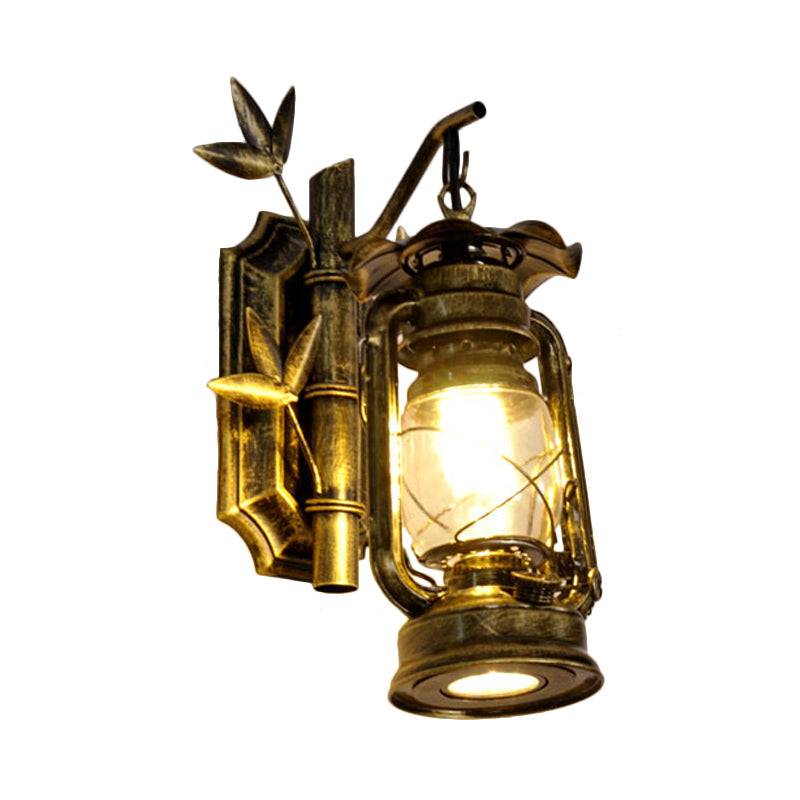 Siopsrl| Industrial Lantern Wall Lamp 1 Head Clear Glass Wall Plate Lighting Fixture in Bronze/Copper with Metal Bamboo Back Plate