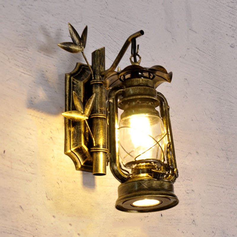 Siopsrl| Industrial Lantern Wall Lamp 1 Head Clear Glass Wall Plate Lighting Fixture in Bronze/Copper with Metal Bamboo Back Plate