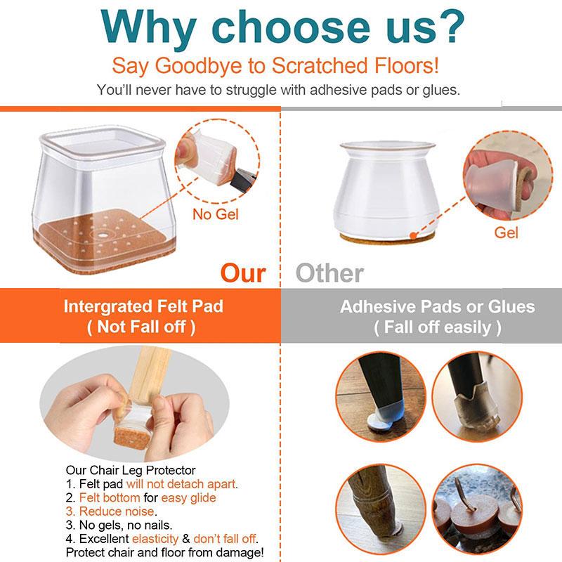 siopsrl | Clear Silicone Chair Leg Caps with Integrated Felt Pads
