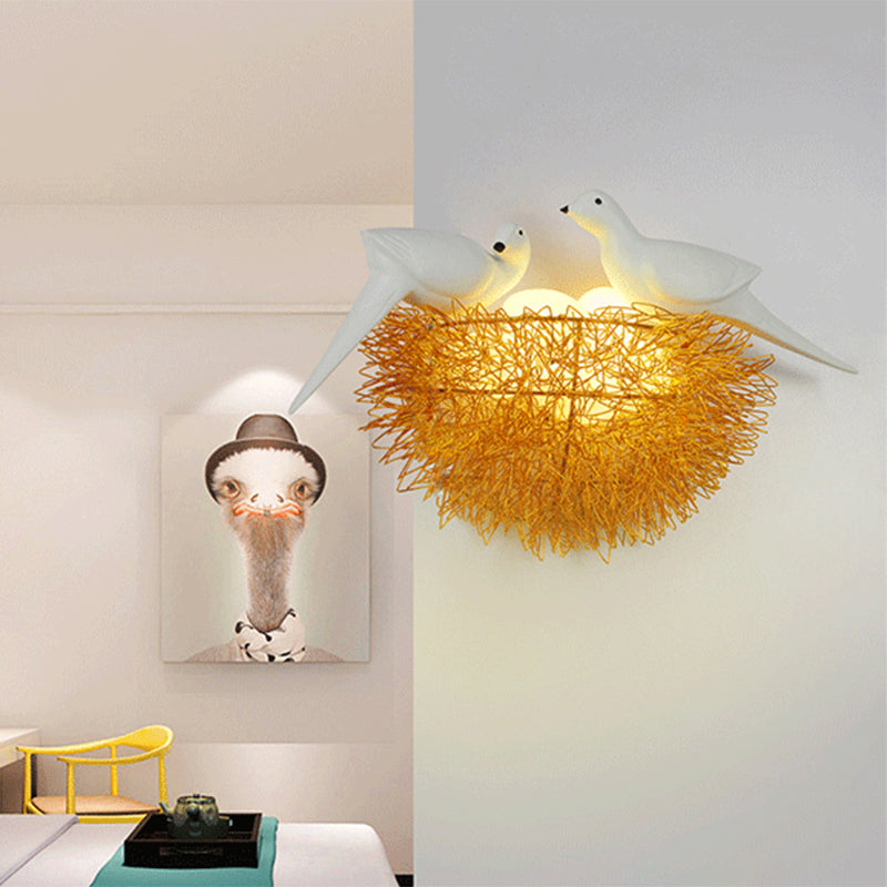Siopsrl| Gold Finish Bird Nest Flush Wall Sconce Art Deco 3 Lights Metal LED Wall Lamp with White Bird Decor