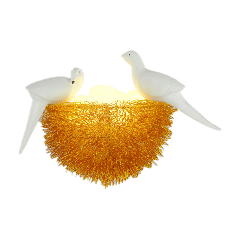 Siopsrl| Gold Finish Bird Nest Flush Wall Sconce Art Deco 3 Lights Metal LED Wall Lamp with White Bird Decor