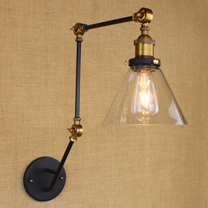 Siopsrl| Vintage Tapered Wall Lamp Fixture 1 Light Source Clear Glass Wall Lamp in Brass with Extendable Arm