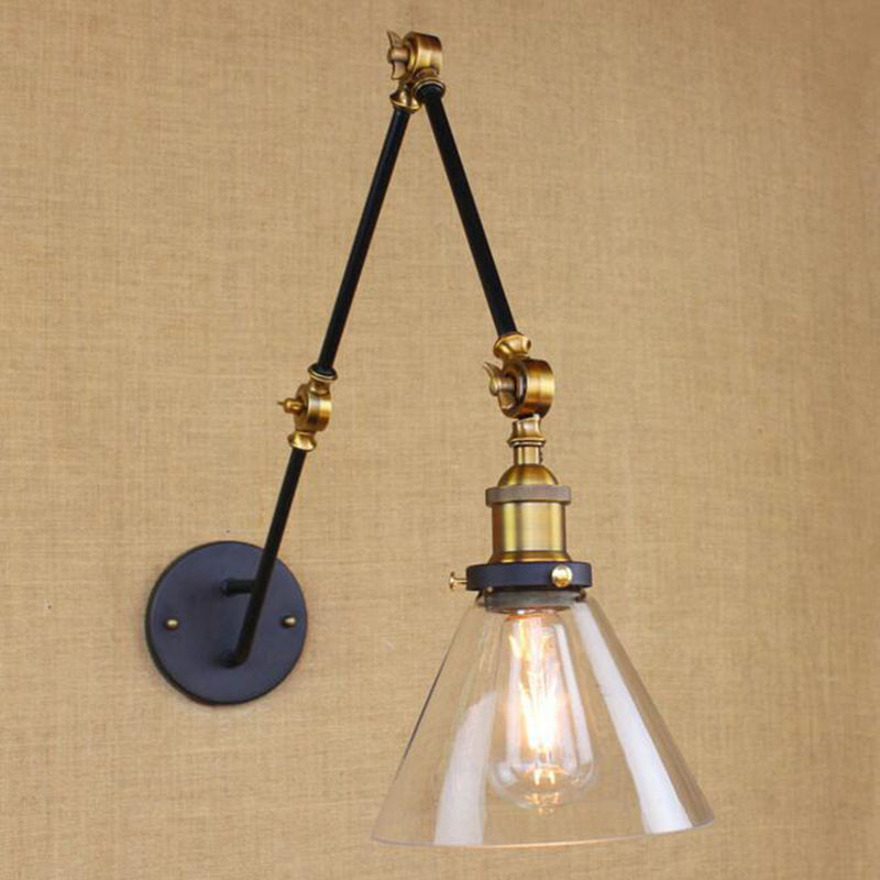 Siopsrl| Vintage Tapered Wall Lamp Fixture 1 Light Source Clear Glass Wall Lamp in Brass with Extendable Arm