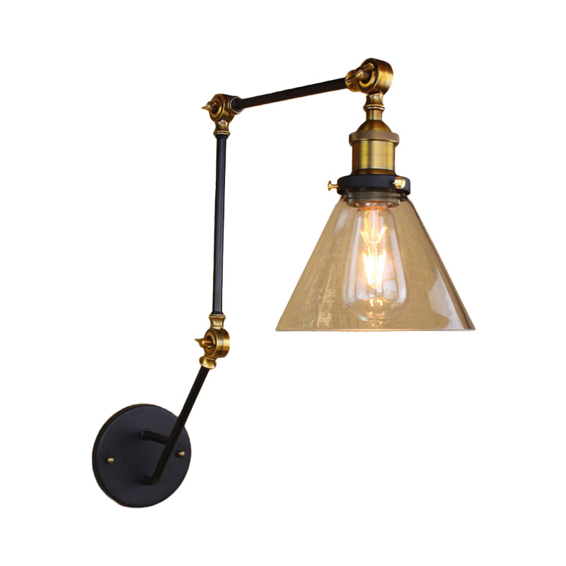 Siopsrl| Vintage Tapered Wall Lamp Fixture 1 Light Source Clear Glass Wall Lamp in Brass with Extendable Arm