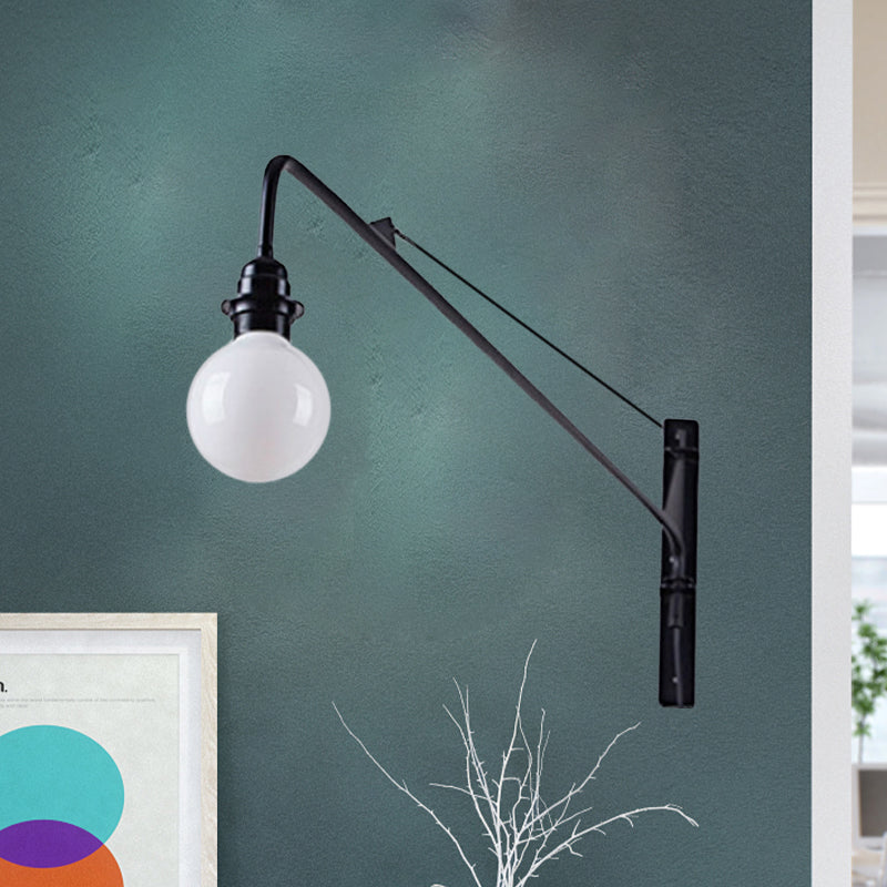 Siopsrl| Metal Long Arm Wall Lamp with Bare Bulb Industrial Style 1 Light Study Room Sconces Lighting in Black