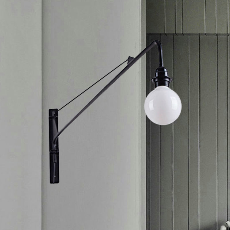 Siopsrl| Metal Long Arm Wall Lamp with Bare Bulb Industrial Style 1 Light Study Room Sconces Lighting in Black