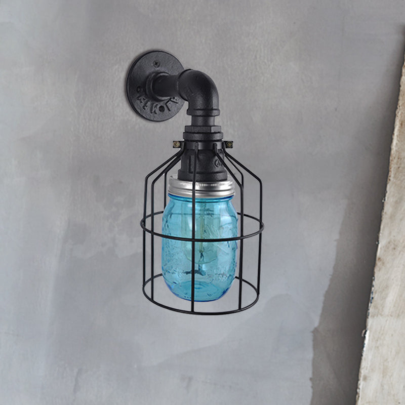 Siopsrl| Blue/Clear Glass Shade Wall Lamp with Wire Cage Industrial Style Glass 1 Bulb Restaurant Wall Light