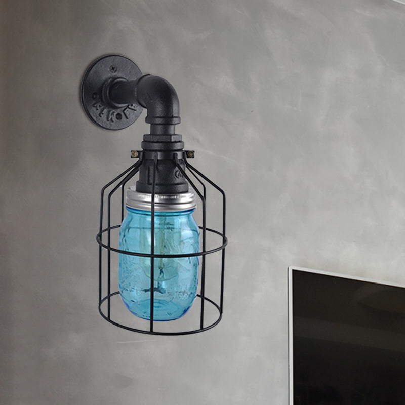 Siopsrl| Blue/Clear Glass Shade Wall Lamp with Wire Cage Industrial Style Glass 1 Bulb Restaurant Wall Light
