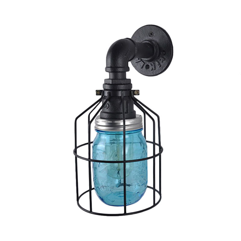 Siopsrl| Blue/Clear Glass Shade Wall Lamp with Wire Cage Industrial Style Glass 1 Bulb Restaurant Wall Light