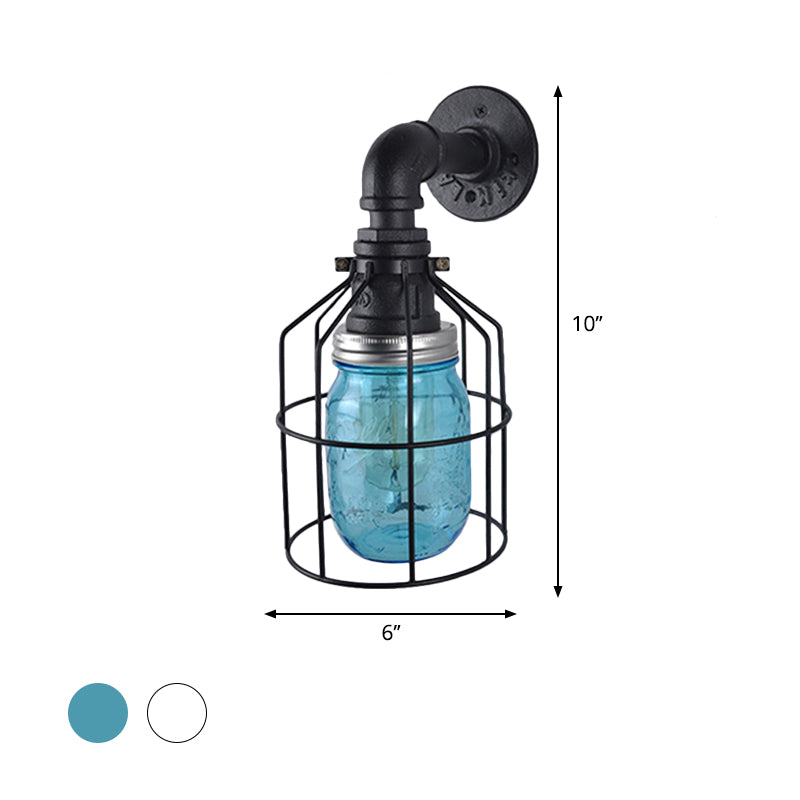 Siopsrl| Blue/Clear Glass Shade Wall Lamp with Wire Cage Industrial Style Glass 1 Bulb Restaurant Wall Light