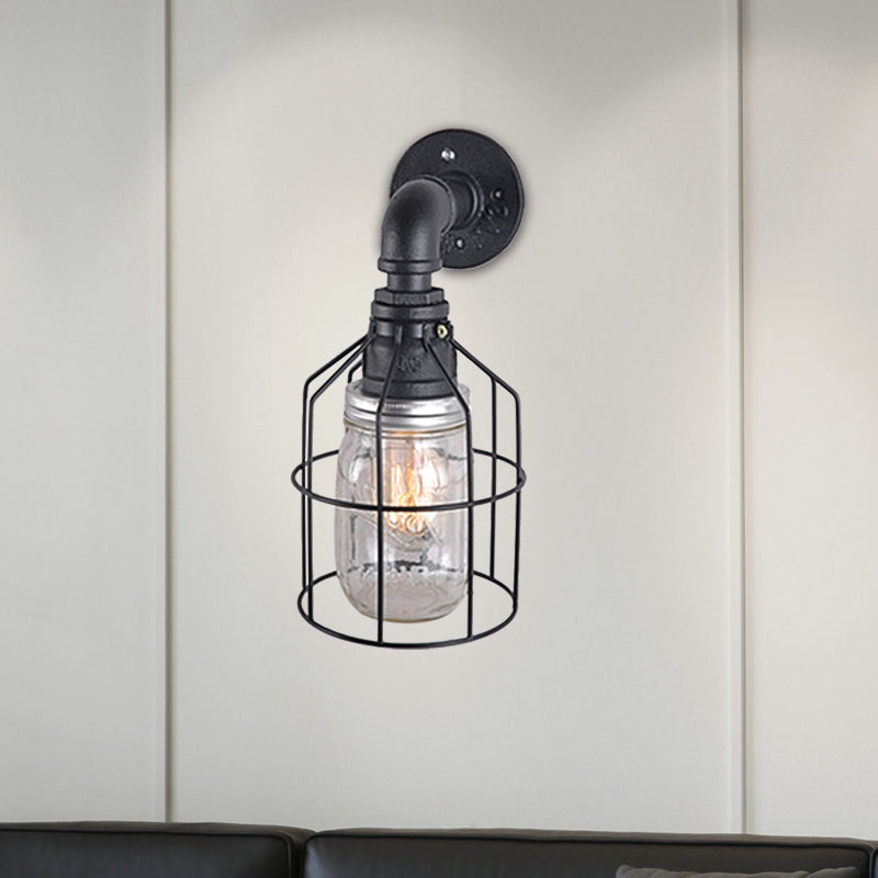 Siopsrl| Blue/Clear Glass Shade Wall Lamp with Wire Cage Industrial Style Glass 1 Bulb Restaurant Wall Light