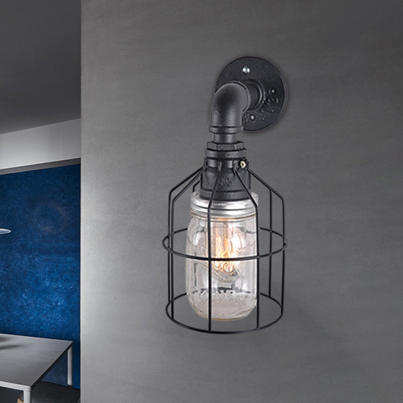 Siopsrl| Blue/Clear Glass Shade Wall Lamp with Wire Cage Industrial Style Glass 1 Bulb Restaurant Wall Light