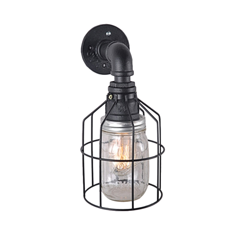 Siopsrl| Blue/Clear Glass Shade Wall Lamp with Wire Cage Industrial Style Glass 1 Bulb Restaurant Wall Light