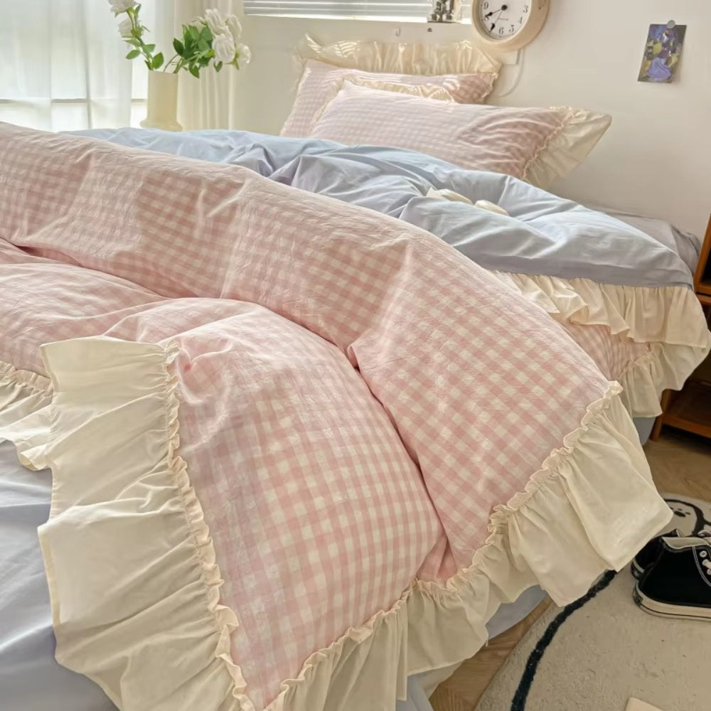 Siopsrl| Gingham Check Ruffled Edges Bedding Set