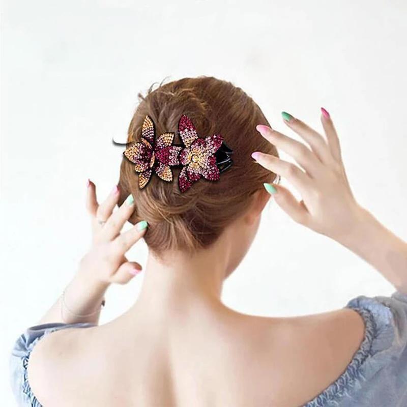 Siopsrl| Rhinestone Double Flower Hair Clip