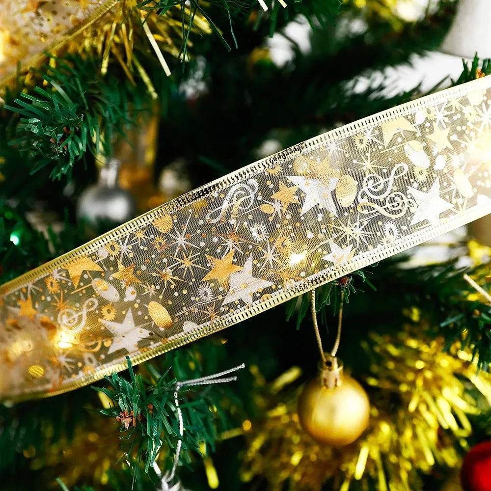 Siopsrl| LED Lights Hot Stamping Double-layer Ribbon Christmas Decorations