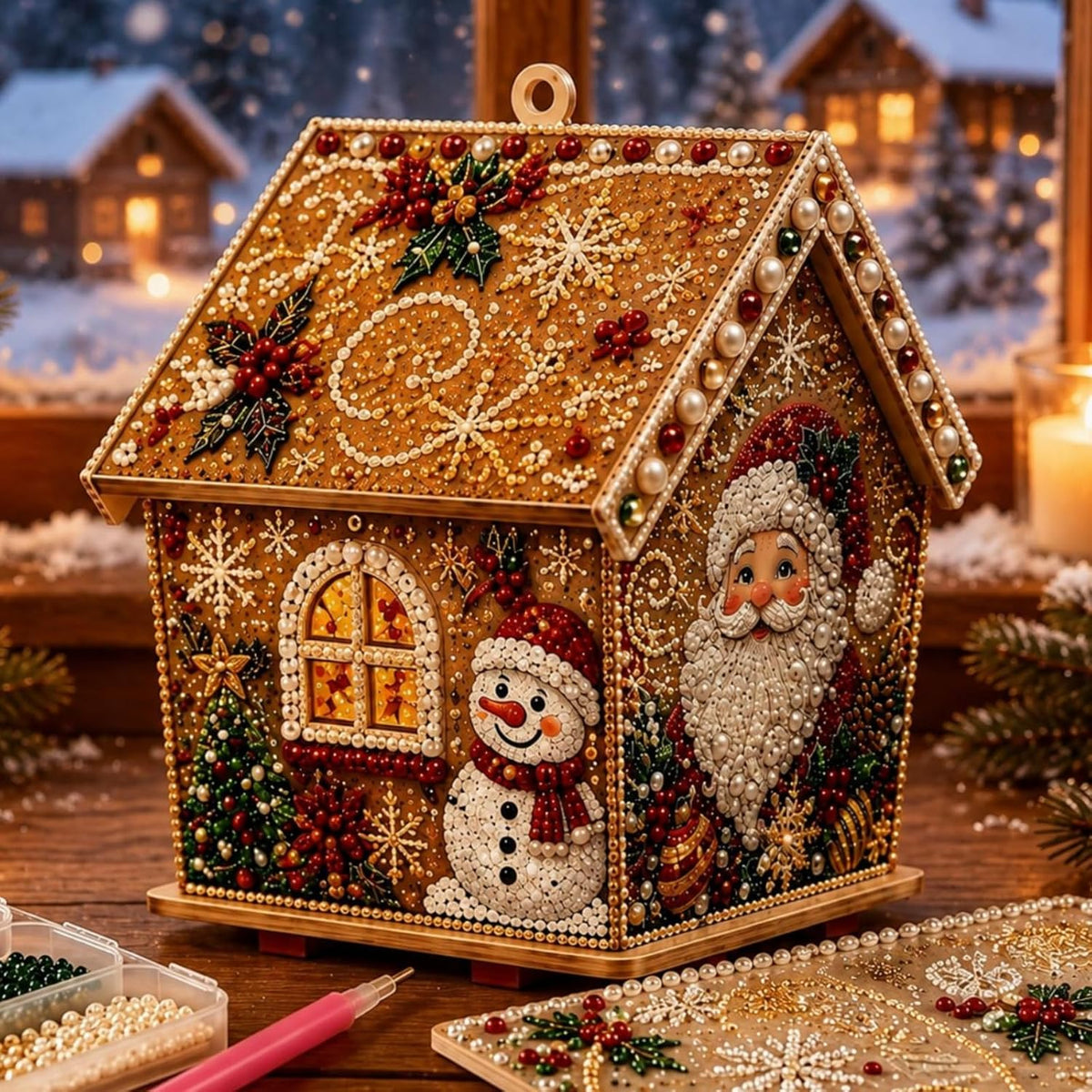 3D Christmas Pearl Diamond Painting Wooden House Art Kit for Adults
