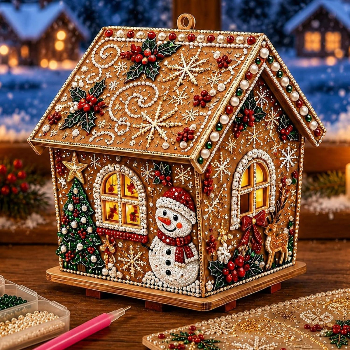 3D Christmas Pearl Diamond Painting Wooden House Art Kit for Adults