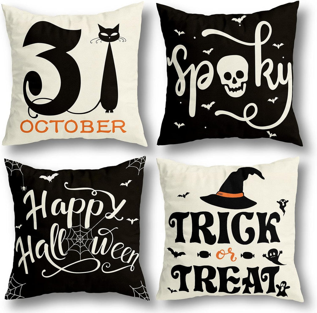 Set Of 4 Halloween Pillow Covers -  Spider Web, Cat, Skull Decorative Cushion Cases (45 x 45 CM) Siopsrl