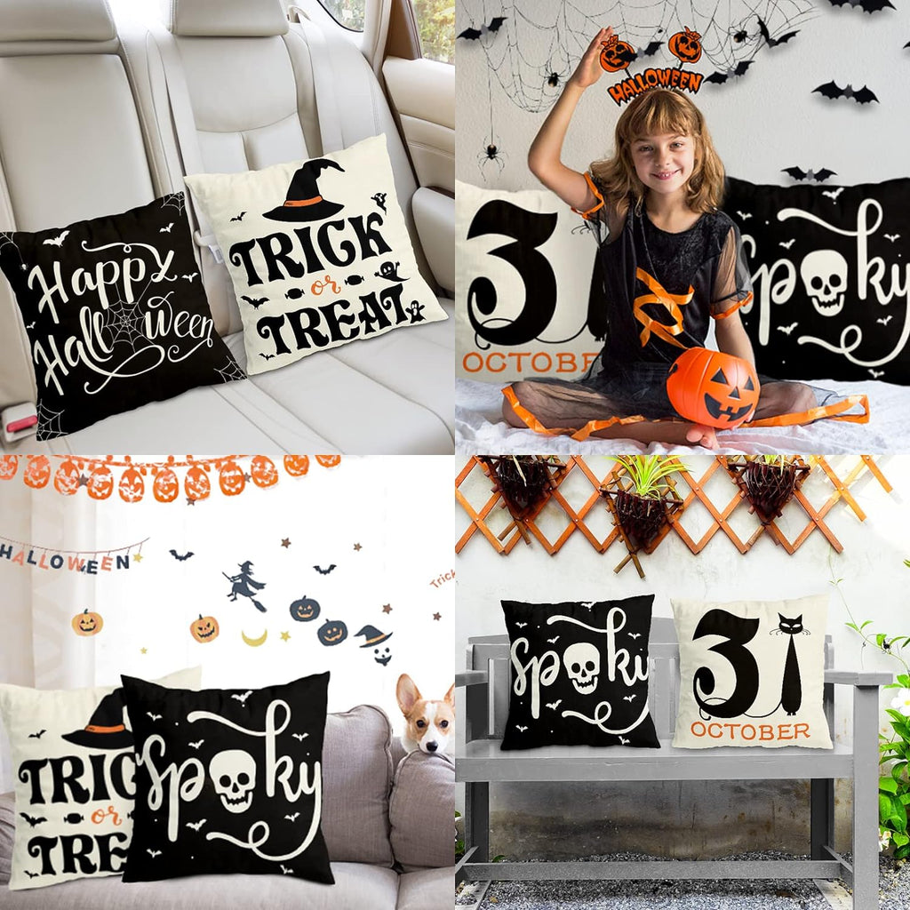 Set Of 4 Halloween Pillow Covers -  Spider Web, Cat, Skull Decorative Cushion Cases (45 x 45 CM) Siopsrl