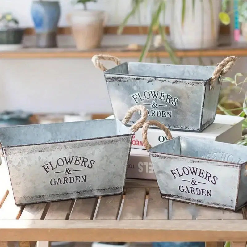 Siopsrl| Decorative flower and garden container made of metal with hemp rope handles