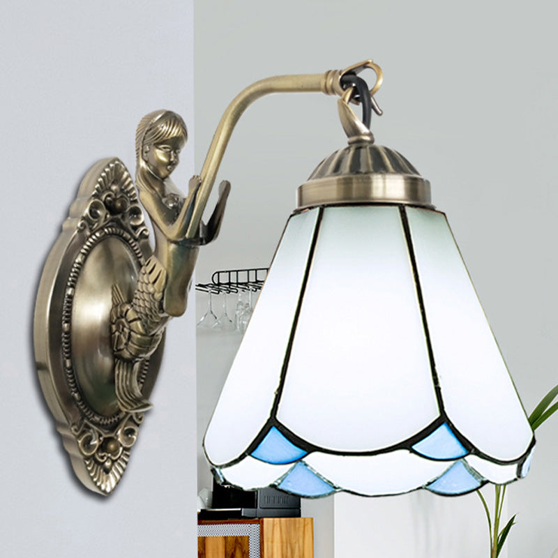 Siopsrl| 1 Head Cone-shaped Wall Sconces Lighting Mission White/Beige Glass Wall-mounted Light Set with Mermaid Backplate