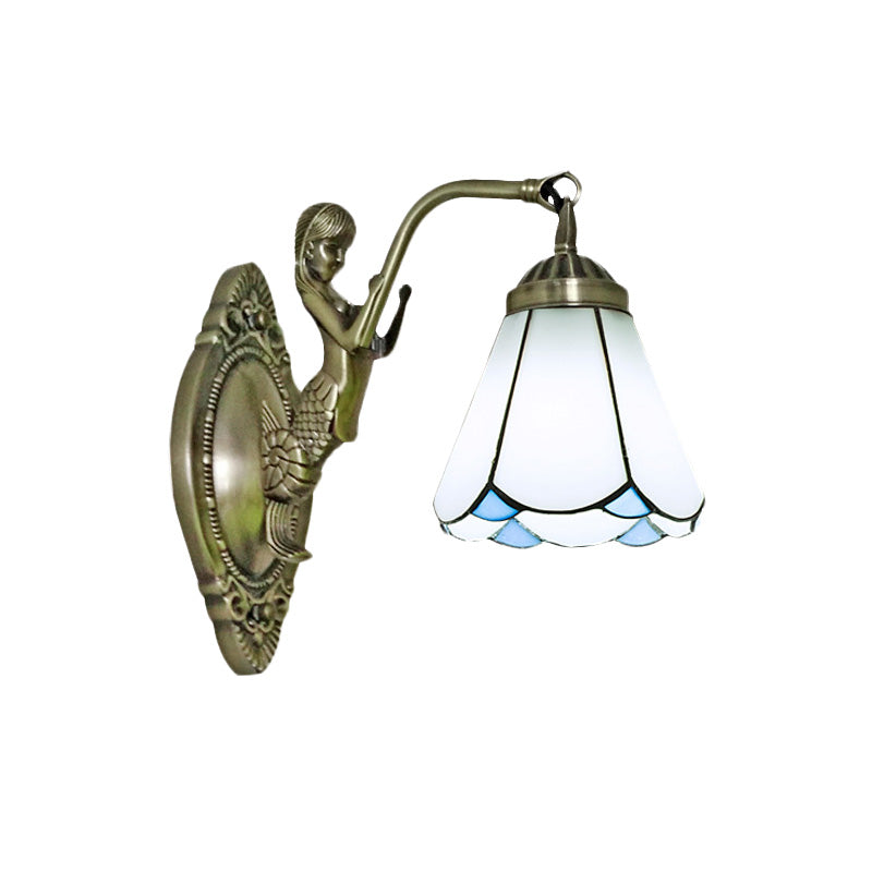 Siopsrl| 1 Head Cone-shaped Wall Sconces Lighting Mission White/Beige Glass Wall-mounted Light Set with Mermaid Backplate