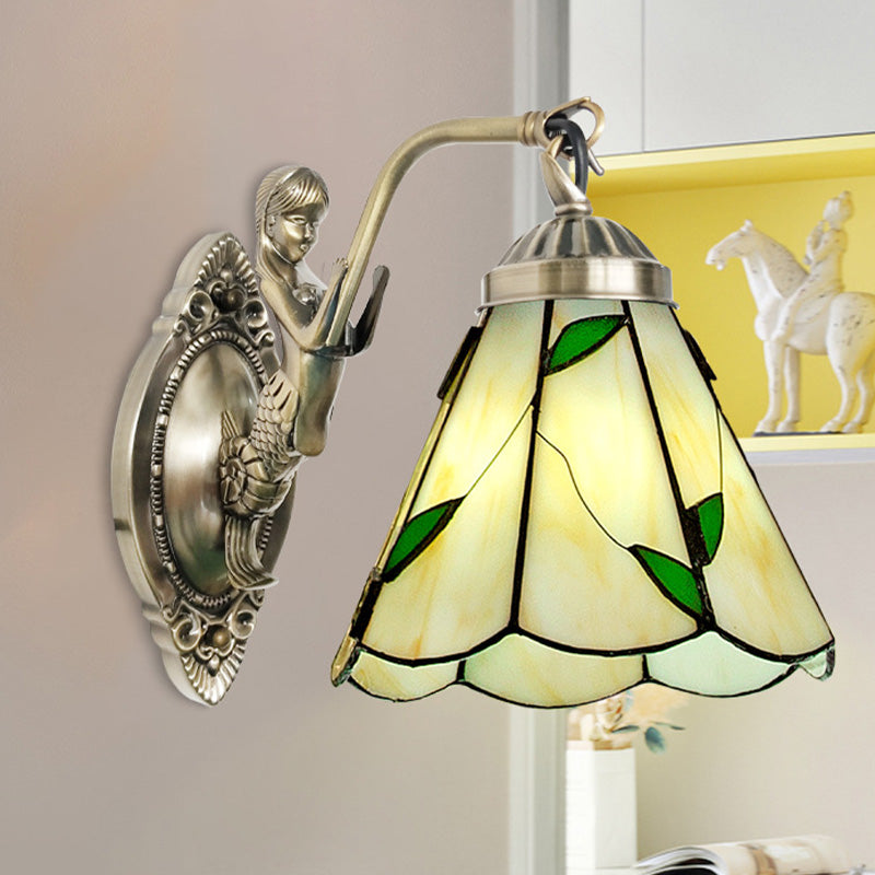 Siopsrl| 1 Head Cone-shaped Wall Sconces Lighting Mission White/Beige Glass Wall-mounted Light Set with Mermaid Backplate