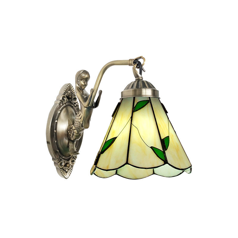 Siopsrl| 1 Head Cone-shaped Wall Sconces Lighting Mission White/Beige Glass Wall-mounted Light Set with Mermaid Backplate