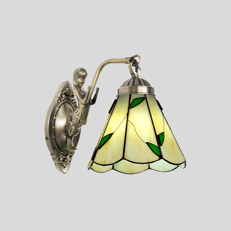 Siopsrl| 1 Head Cone-shaped Wall Sconces Lighting Mission White/Beige Glass Wall-mounted Light Set with Mermaid Backplate