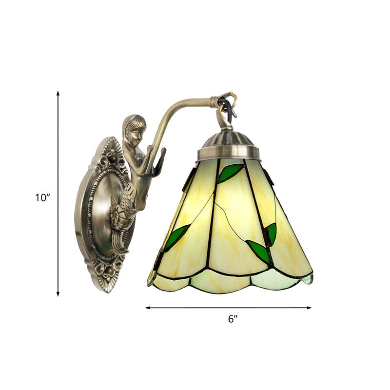 Siopsrl| 1 Head Cone-shaped Wall Sconces Lighting Mission White/Beige Glass Wall-mounted Light Set with Mermaid Backplate