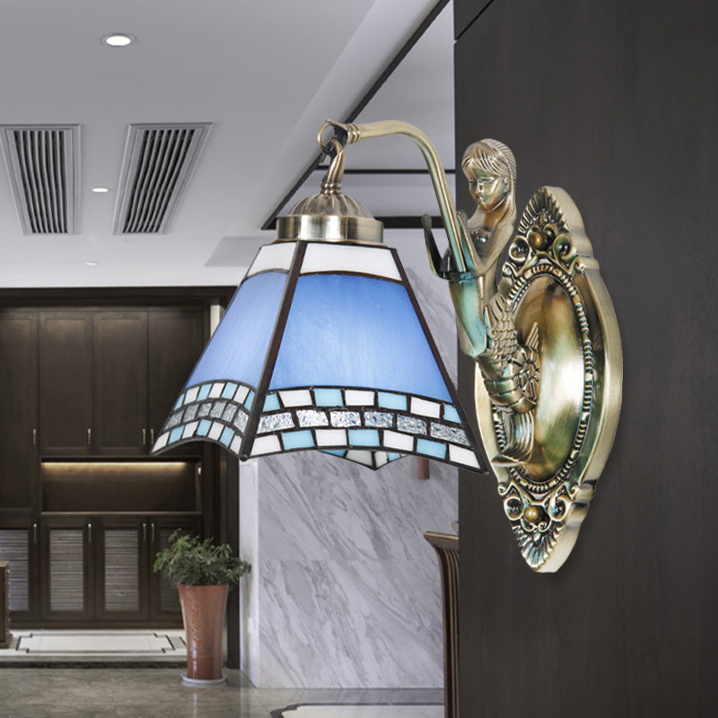 Siopsrl| Trapeze Wall Lamp Mission Blue Cut Glass 1-Light Bronze Wall Mount Lamp with Mermaid Arm