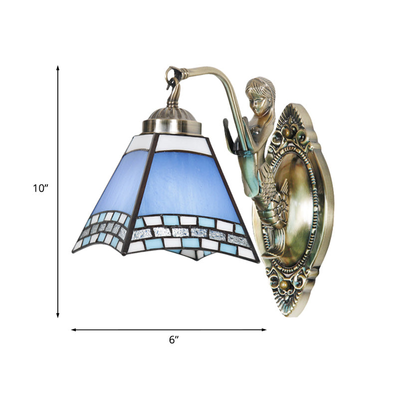 Siopsrl| Trapeze Wall Lamp Mission Blue Cut Glass 1-Light Bronze Wall Mount Lamp with Mermaid Arm